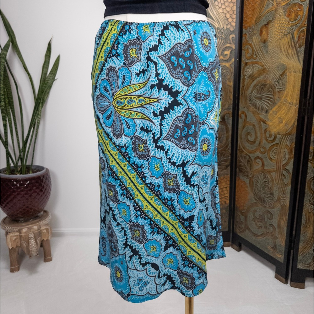 Silk Paisley Bias Midi Skirt Blue Yellow Y2K Slip Skirt The Limited Fairycoreβ S - Picture 9 of 9